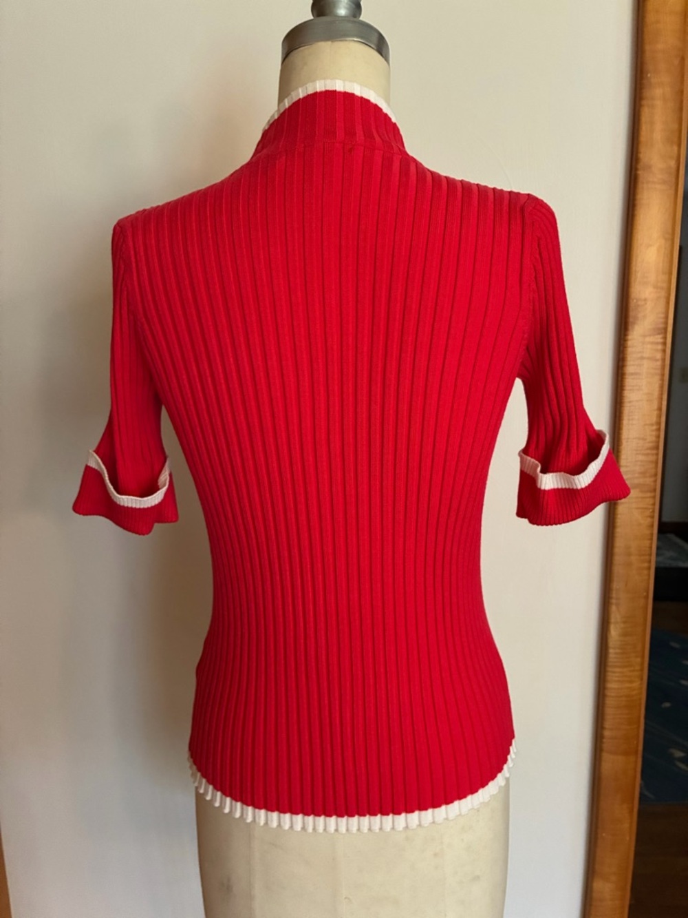 Belldini Coral Knit Cardigan Rhinestone Embellished Zipper White Trim Red Pink - Picture 10 of 10
